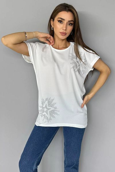GÜLSELİ Γυναικεία μπλούζα Lycra Cream Crew Neck Stone κεντημένη