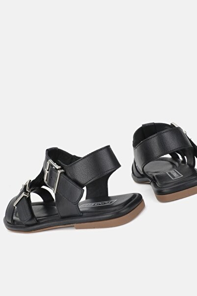 TUNAELLİ Black Genuine Leather Women's Sandals - Size 36-41 Strapped Flat Model