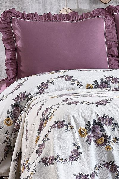 Minelya Home Collection Double Floral Pique Set - 100% Cotton, Frilly and Floral Patterned Elastic 4 Piece Set