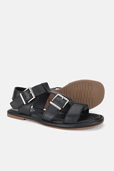 TUNAELLİ Black Genuine Leather Women's Sandals - Size 36-41 Strapped Flat Model