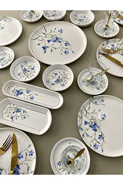Yiğit Seramik Züccaciye Çiğdem Blue Model 8 Kişilik 25 Parça Kahvaltı Takımı Kahvaltı Seti [ Mavi 8]