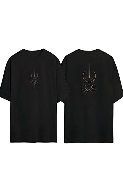 THEWERT تي شيرت قطني أسود كبير الحجم مطبوع عليه رمز الشمس والقمر للجنسين