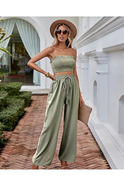 MODA MERTER High Waist Strapless Solid Color Crop Pants Set - Drawstring Ruffle