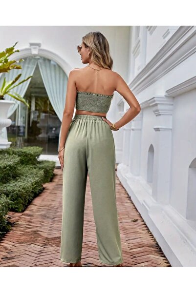 MODA MERTER High Waist Strapless Solid Color Crop Pants Set - Drawstring Ruffle
