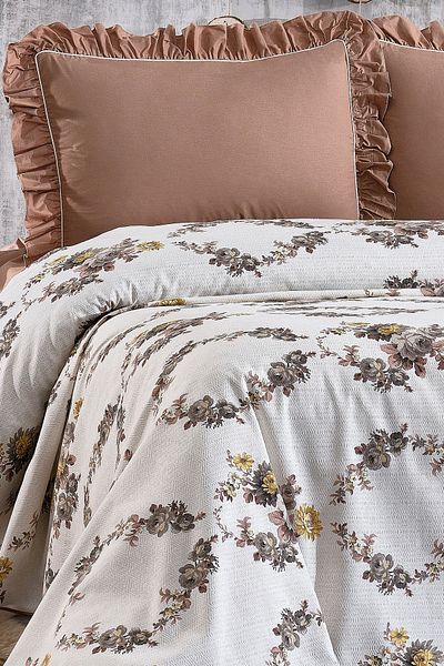 Minelya Home Collection طقم بيكيه مزدوج الأزهار - 100% قطن، مكشكش ومطاط بنمط الأزهار مكون من 4 قطع