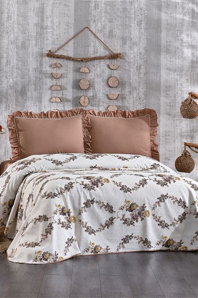 Minelya Home Collection طقم بيكيه مزدوج الأزهار - 100% قطن، مكشكش ومطاط بنمط الأزهار مكون من 4 قطع