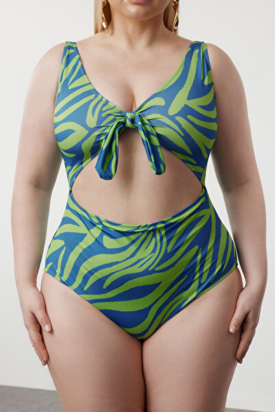 Trendyol Curve Modrozelené plavky velké velikosti - hluboký výstřih do V a detail kravaty Tbbss23Am00008