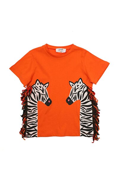 TRENDYOLKIDS Zebra Patterned Orange Girl's T-Shirt - Crew Neck, Tassel, Cotton Tkdss24Ts00045