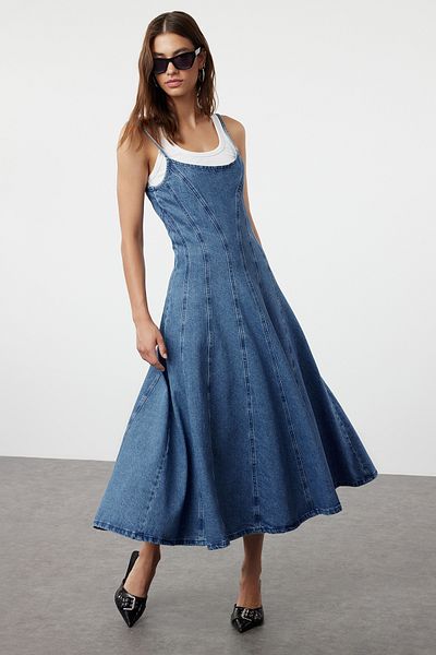Trendyol Collection Strappy Blue Maxi Denim Dress - Stitching Detail, TWOAW25EL00092