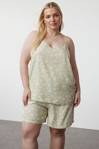 Trendyol Curve Daisy mintás menta pizsama szett - TBBSS24AI00108
