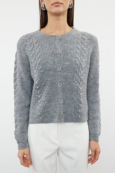 Trendyol Collection Soft Textured Anthracite Knitwear Cardigan - Pearl Detailed, Jacket Look Twoaw25Hi00195