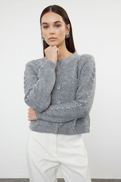 Trendyol Collection Soft Textured Anthracite Knitwear Cardigan - Pearl Detailed, Jacket Look Twoaw25Hi00195