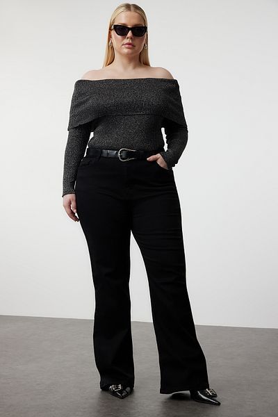 Trendyol Curve Černá třpytivá pletená halenka Carmen se šňůrou - TBBAW25AF00000
