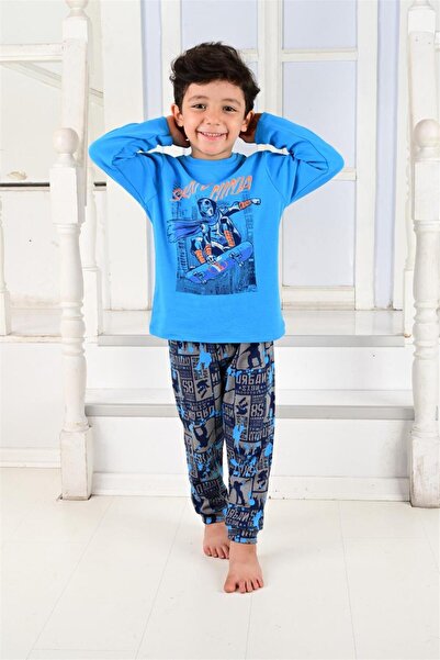vitmo Erkek Çocuk Uzun Kollu Pijama Takımı Skate Ninja Mavi