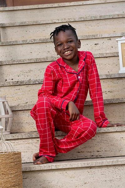 vitmo Boy's Long Sleeve Buttoned Pajamas Set Mia Checked Red