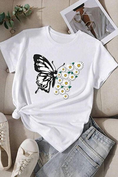 NoVibe Tricou cu mânecă scurtă, 100% bumbac, cu model fluture