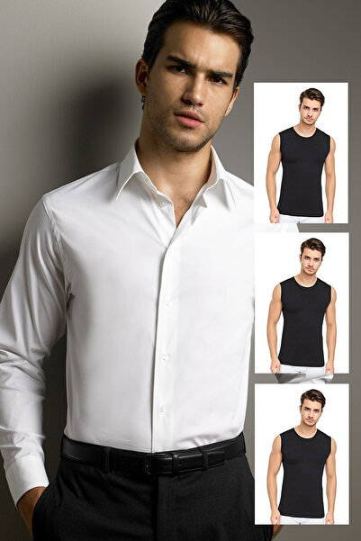 CNT قميص داخلي مضلع بياقة دائرية للرجال، قميص داخلي بدون أكمام
