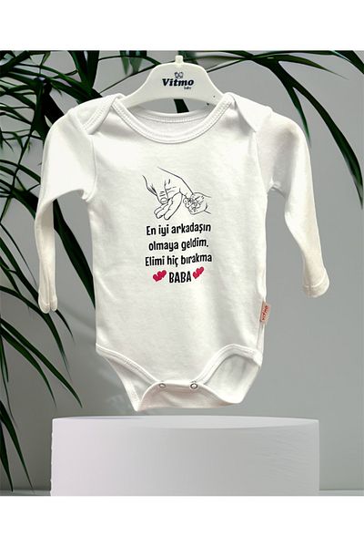 vitmo Special Design Don't Leave My Hand Dad 100% Natural Cotton Organic Printed Long Sleeve Baby Bodysuit with Snap Fasteners