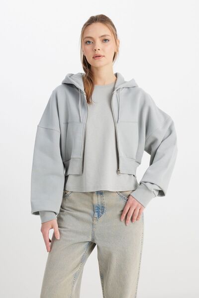 WRANGLER Relaxed Fit Geniş Kesim Kapüşonlu Fermuarlı %100 Pamuk Gri Sweatshir...