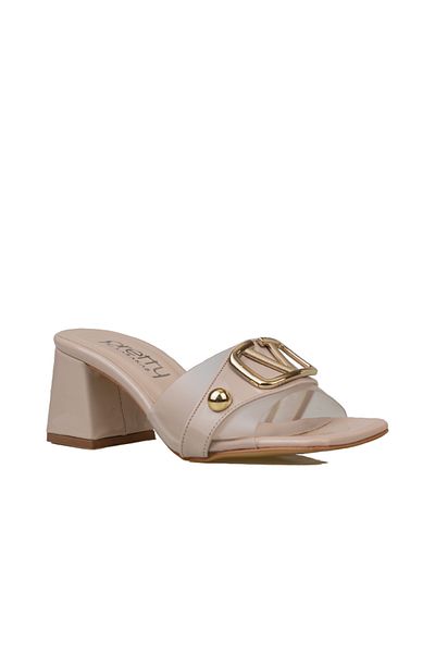 Trend Adımlar Patent Leather Detailed Cream Glam Women's Heeled Slippers