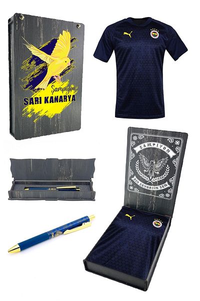 Fenerbahçe Bleumarin A Team - Set de tricou și creion pentru antrenament pentru jucători de fotbal cu cutie de lemn