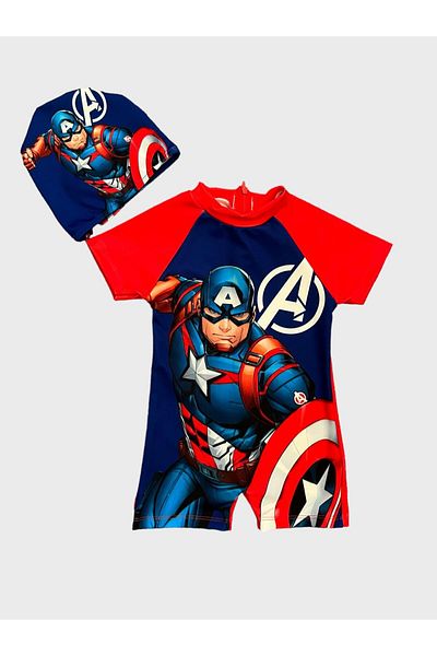 ALİŞ KİDS Navy Blue Boy's Swimsuit - Captain Pattern, Bonnet, Short Sleeve and Protective