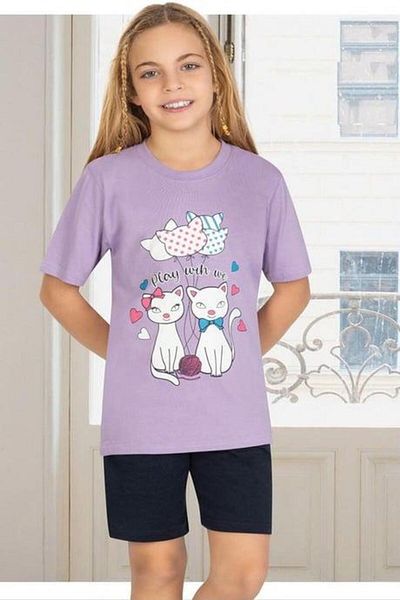 SeaBubbles Short Sleeve Girl's Pajama Set with Cat