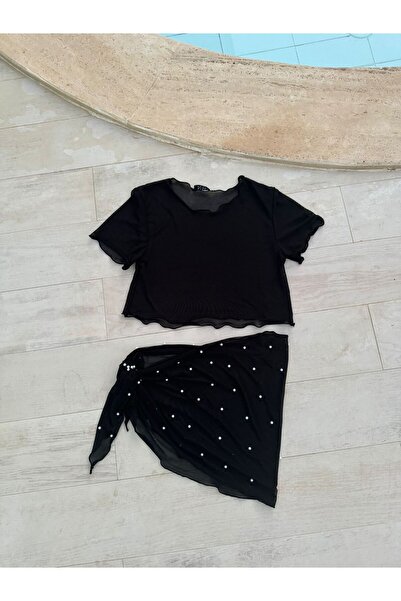 elifbilginbutik Black Women's Pareo Set - Pearl Short Sleeve T-Shirt and Bott...