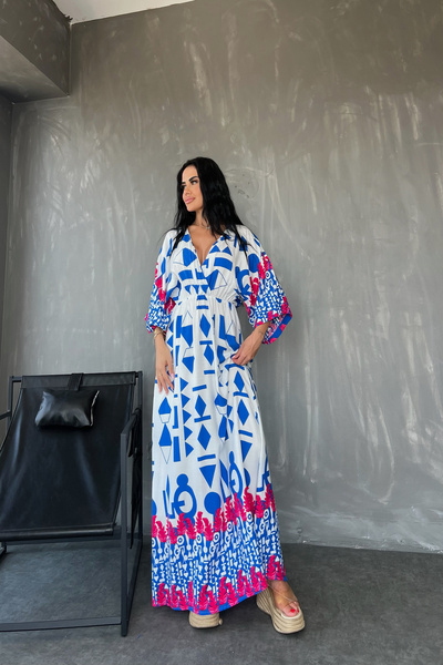 kamacibutik Ethnic Patterned Viscose Fabric - Double Breasted Collar and Slit Detailed Summer Dress