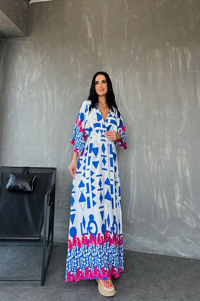 kamacibutik Țesătură de viscoză cu modele etnice - Rochie de vară cu guler dublu și cu fante