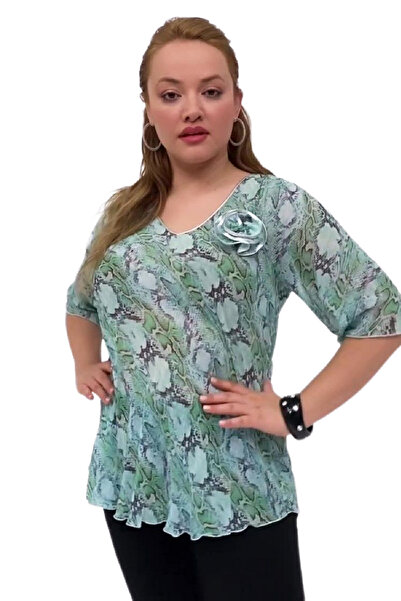 FİERTE Fierte Kadın Büyük Beden Bluz Lm13490 V Yaka Şifon Yarım Kol