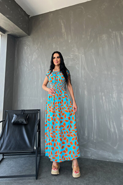 KAMACI BUTİK فستان صيفي فيسكوز بطبعة زهور وياقة مادونا - جبر، مقاس قياسي S/M/...