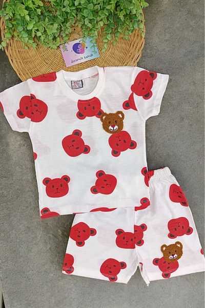 dinamik çocuk 2-Piece Embroidered Top and Bottom Set for Boys and Girls - Thin Short Sleeve Summer Set with Teddy Bear