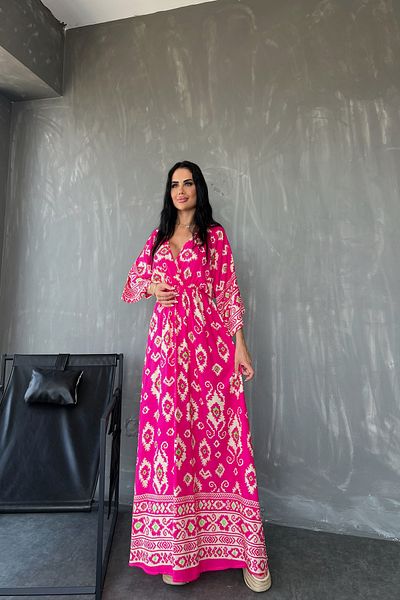 kamacibutik Țesătură de viscoză cu modele etnice - Rochie de vară cu guler dublu și cu fante