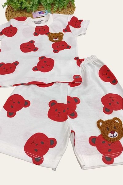 dinamik çocuk 2-Piece Embroidered Top and Bottom Set for Boys and Girls - Thin Short Sleeve Summer Set with Teddy Bear