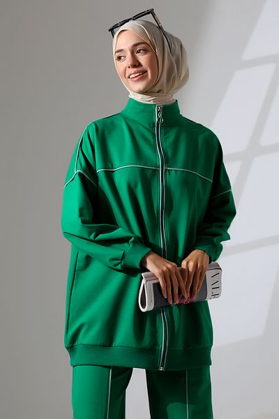 Mihran Butik Γυναικείο αθλητικό και άνετο χτενισμένο βαμβακερό κοστούμι Hijab Benetton Green