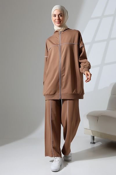 Mihran Butik Καφέ εποχιακό χτενισμένο βαμβακερό κοστούμι - Γυναικείο αθλητικό και άνετο χιτζάμπ