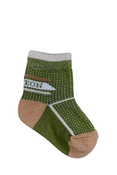 Akface Organik Pamuk Sportif Desenli Haki Mavi Yenidoğan Bebek ve Çocuk Çorabı