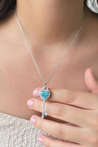MorMajor Silver İTHAL MAVİ BUZ KESİM KALPLI ANAHTAR GÜMÜŞ KOLYE