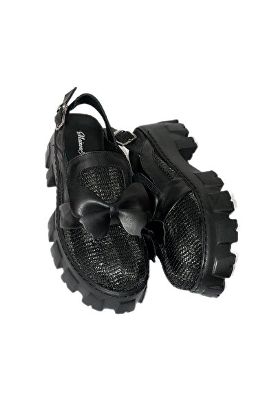 MaisonStanbul Deri Kelebek Siyah hasır Sandalet