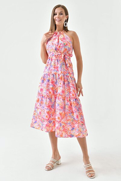 vuvutasarım Pink Floral Pattern - Belted Flared Summer Dress 1141