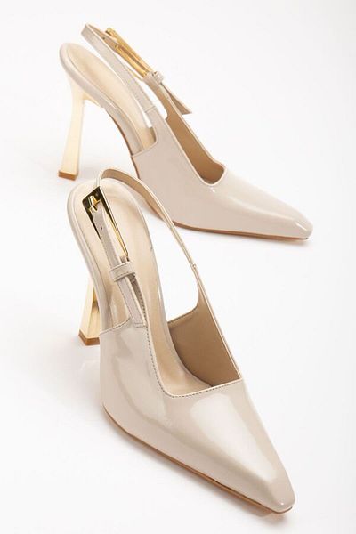 LEtoile Parisienne L'etoile Parisienne PRS-5539 Beige Patent Leather Gold Detailed Blunt Toe Women's Heeled Shoes