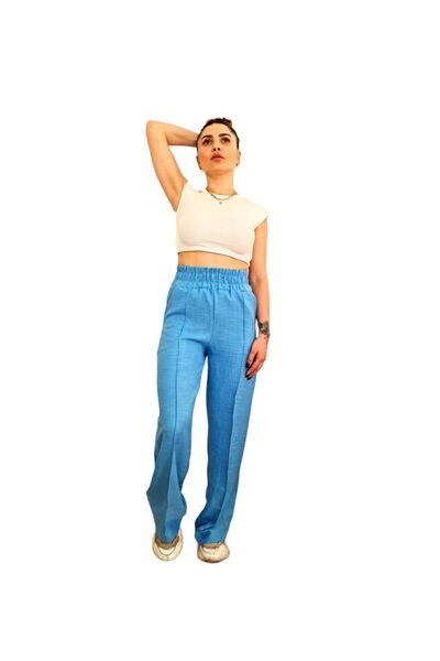 Ladyone Pantaloni din țesătură Ayrobin pentru femei, cu talie elastică, cu talie înaltă