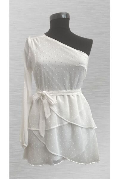 Mois Atelier Beyaz Puan Dokulu Tek Omuz Belden Kuşaklı Mini Abiye Elbise Hedi...