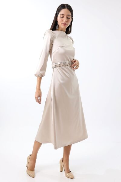 Mois Atelier Krem Saten Sırt Dekolteli N Kol Midi Abiye Nişan Elbise Hediye Büyük Beden