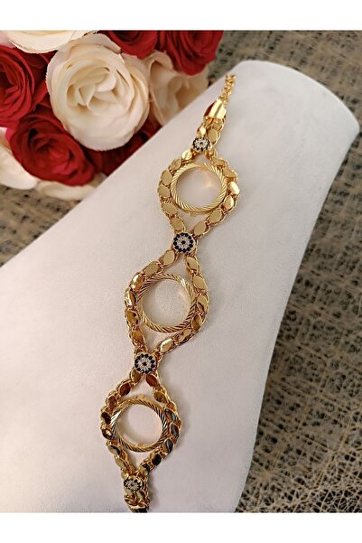 EMKSHOP Çelik Üzeri Altın Kaplama Arpa Pullu 3'lü Çeyrek Altın Uyumlu Bilekli...