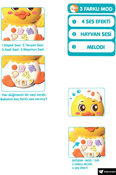 welcomein Oyuncak Işıklı ve Müzikli 3 Modlu 4 Farklı Hayvan Sesi ve Melodi Çalan Eğitici Tırtıl Ördek Piyanosu