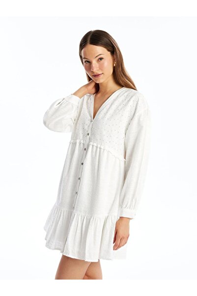 LC Waikiki LCW Vision V Yaka Nakışlı Uzun Kollu Kadın Gömlek Elbise