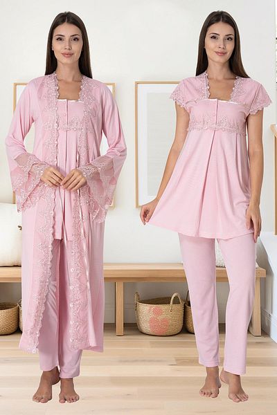 lohusahamile Powder Pink Princess Pajamas and Dressing Gown Set for Pregnant and Maternity