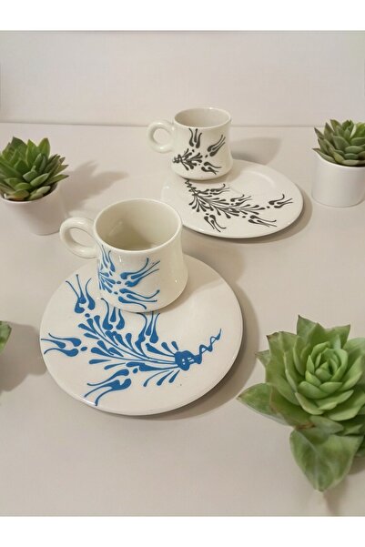 Artistic Quality طقم فناجين شاي وقهوة مزين باللونين الأزرق والأسود - لشخصين